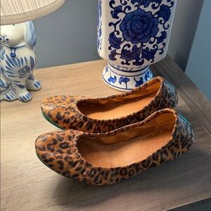 Tieks Leopard-Print Ballet Flats in Brown with Teal Heel Accent